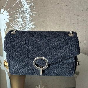 Sandro Black Tweed Shoulder Bag with Silver Ring Accent